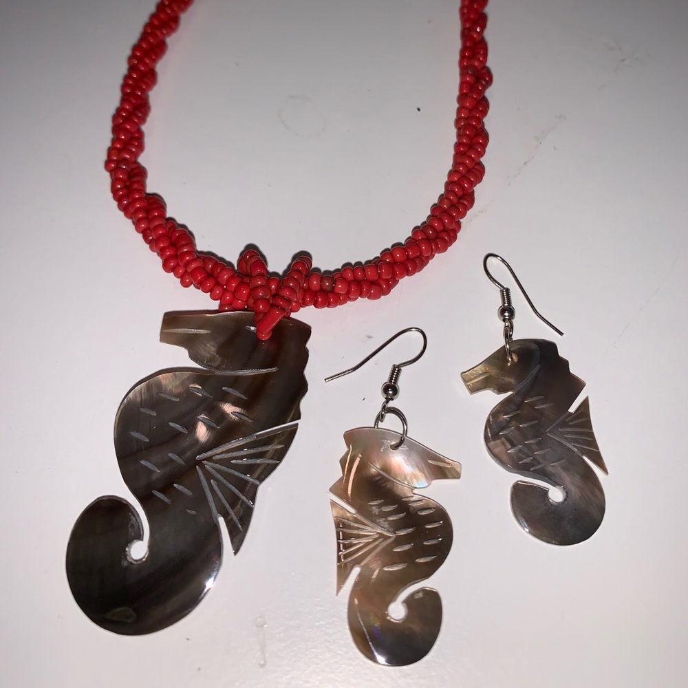 Abalone seahorse, seedbead necklace/earrings set.